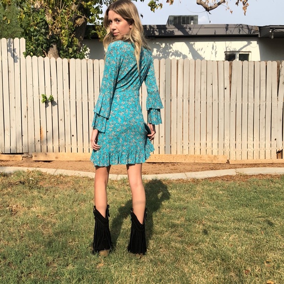 Turquoise Ruffle Hem Boho Gypsy V-Neck Play Dress - Picture 6 of 6